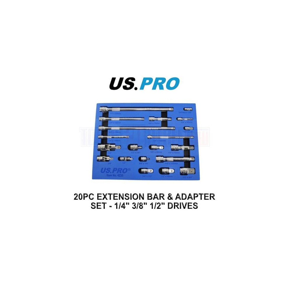 US PRO Tools 20pc Socket Extension Bar UJ Adapter Set 1/4" 3/8" 1/2" DR In Foam Tray 4235