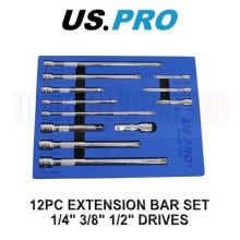 US PRO Tools 12pc Socket Extension Bar Set 1/4&quot; 3/8&quot; 1/2&quot; DR In Foam Tray 4234