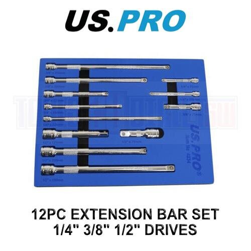 us pro US PRO Tools 12pc Socket Extension Bar Set 1/4" 3/8" 1/2" DR In Foam Tray 4234