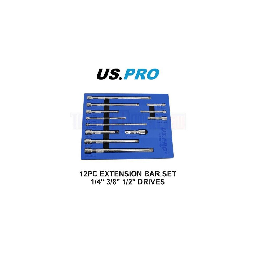 US PRO Tools 12pc Socket Extension Bar Set 1/4" 3/8" 1/2" DR In Foam Tray 4234