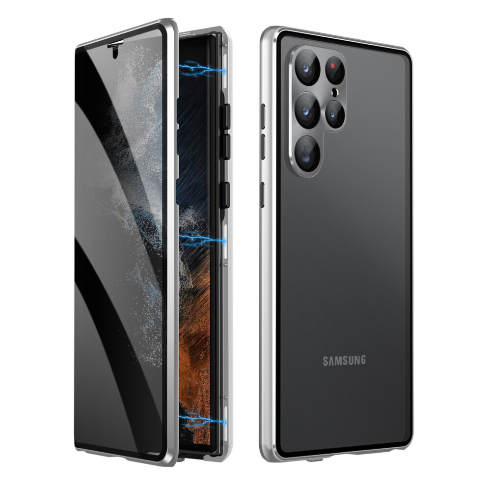 (silver) Anti Peeping Case for Samsung Galaxy S23 Ultra, Anti SPY Screen, Anti Peep Magnetic Adsorption Metal Bumper for S23 Ultra