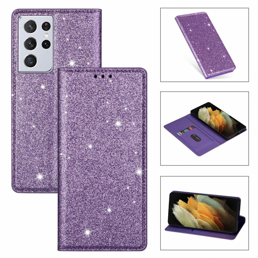 (for S23 Ultra, purple) Glitter Wallet Flip Leather Case for Samsung Galaxy S23 Ultra/S23 Plus/S23 with Card Slot Stand Case