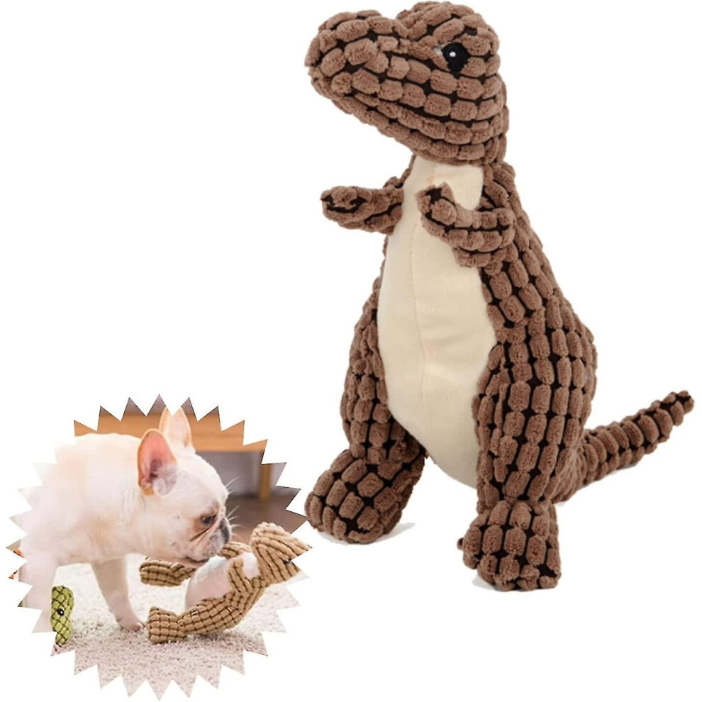 (coffee) Indestructible Robust Dino, Squeaky Dog Toys For Aggressive Chewers, Unbreakable Stuffed Plush Dog Toy