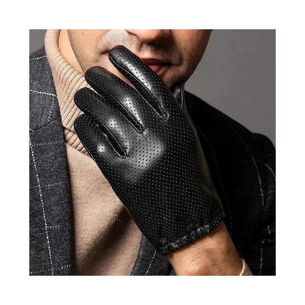 (black White-M) Men's Autumn Winter Hollow Out Leather Gloves Male Natural Sheepskin Leather Winter Touchscreen Driving Glove R237-image-OPC-PBQVGBB-NEW