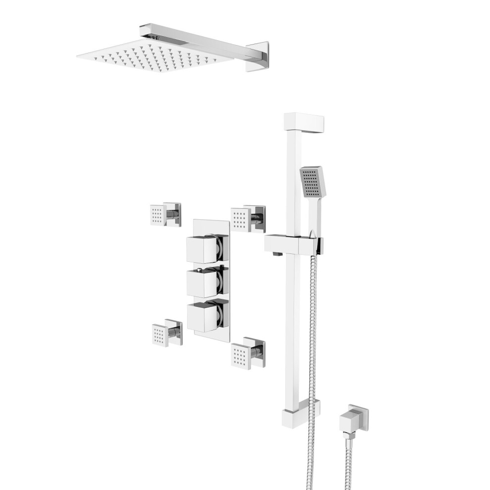 Olive Square 3 Way Concealed Thermostatic Shower Mixer Valve, Shower Head, Handset, Slider Rail, 4x Body Jets Set Chrome