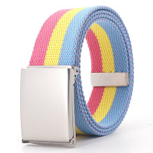 (Tricolor stripe White-160cm) 3.8cm Wide Smooth Buckle Belt Male and Female Students Jeans Accessories Youth Leisure Nylon National Wind Belt