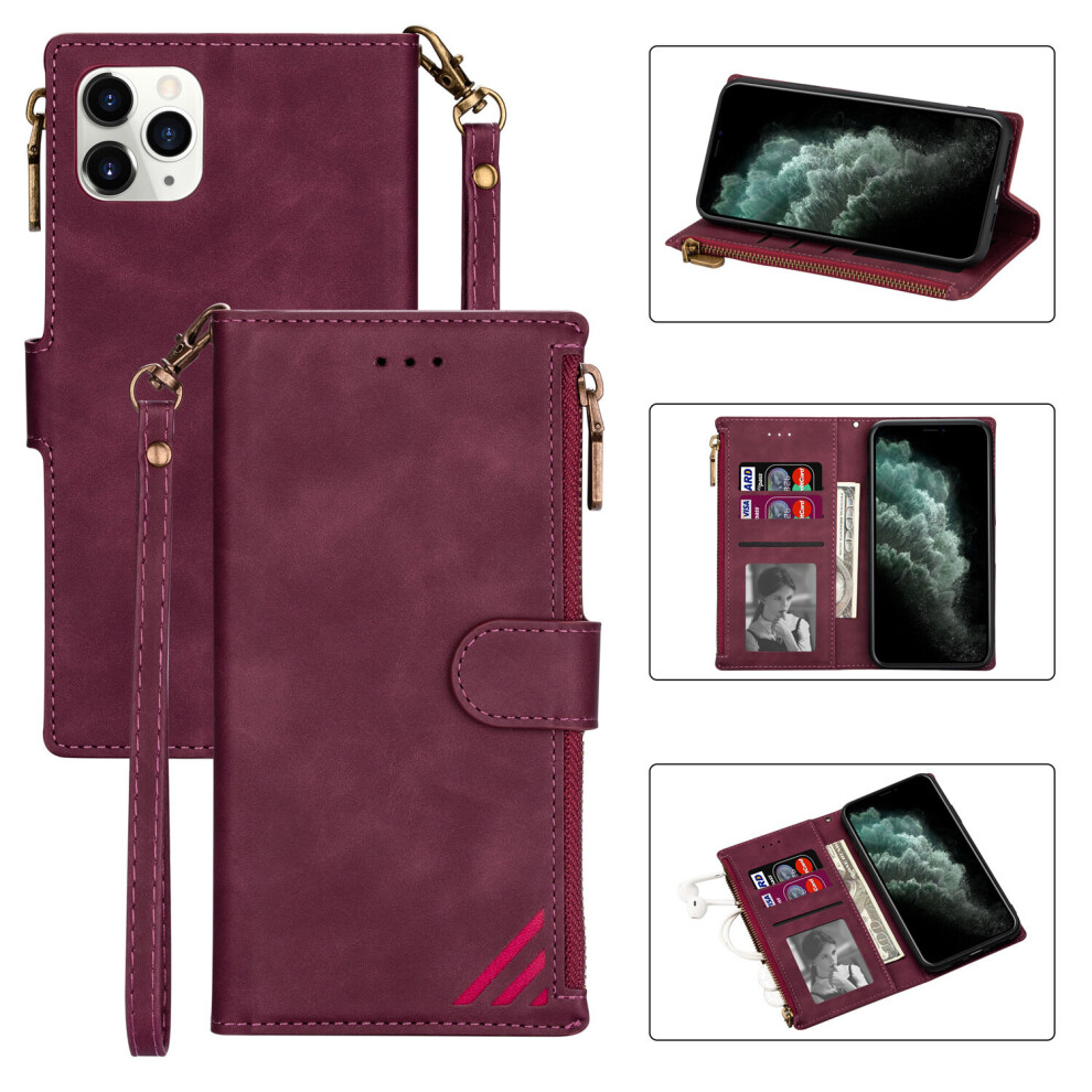 (Wine red) Wallet Case Compatible with iPhone 13, Case with Card Holder, Blocking Leather Cover Kickstand Protective Bumper Designed for Apple iPhone 13 A56