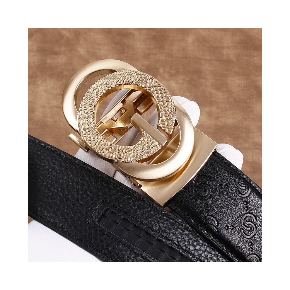 (Black-105CM) Men's belts leather automatic buckle business leisure cowhide embossed tide belt-image-OPC-PBQVTBS-NEW