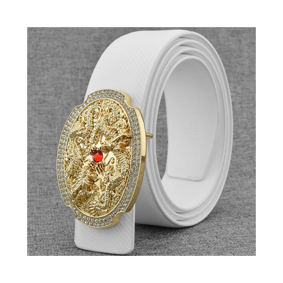 (White Golden buckle White-115CM) Casual belt men fancy vintage Chinese Dragon Cowskin Waistband smooth button Waist Strap leather ceinture-image-OPC-PBQVVS8-NEW