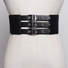 [EAM] Pu Leather Three Buckle Elastic Wide Belt Personality Women Tide All-match Spring Autumn 1DF2081