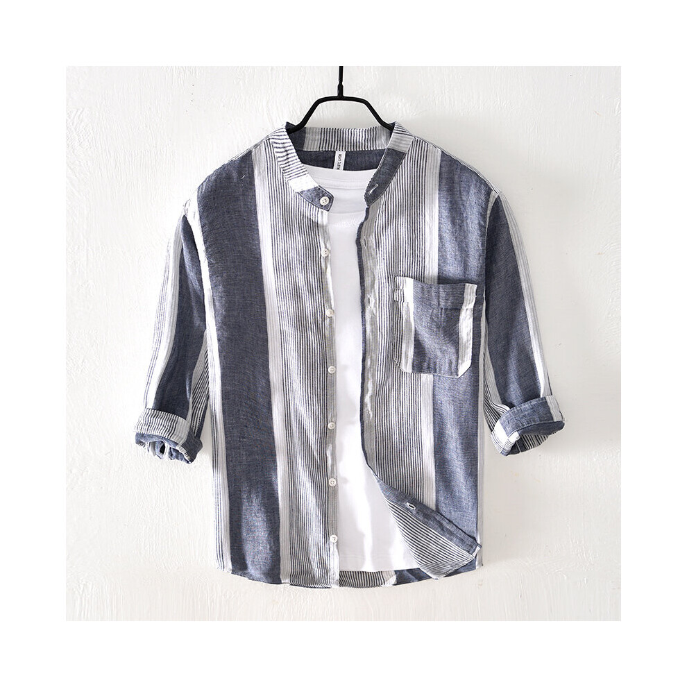 Casual Shirts for Men Striped Three Quarter Sleeve Tops Male Cotton Linen Oversized Button Down Shirt-image-OPC-PBQWR25-NEW