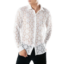 Men Hollow Lace Mesh Shirt See Through Long Sleeve Printed Lapel Loose Streetwear Blouse Party Clubwear Casual Casmia