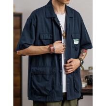 Cityboy Heavy Shirts Men Loose Casual Multi-pocket Short Sleeve Cargo Shirts Male Streetwear Vintage Work Shirt Navy