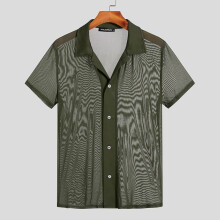 Men Shirt Mesh Patchwork Transparent Lapel Short Sleeve Button Men Clothing Streetwear Sexy Camisas S-5XL 7