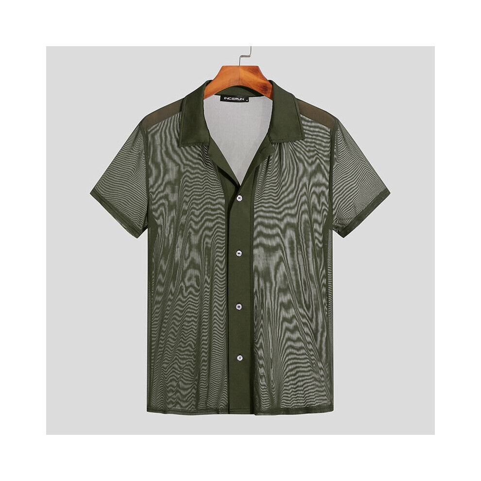 Men Shirt Mesh Patchwork Transparent Lapel Short Sleeve Button Men Clothing Streetwear Sexy Camisas S-5XL 7