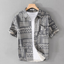 703 Summer Men's Casual Beach Shirt Holiday Loose Printing Youth Handsome All-Match Short Sleeve Male Cotton Tops