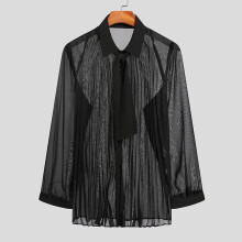 Men Shirt Mesh See Through Streetwear Lapel Long Sleeve Sexy Solid Camisas Folds Party Men Clothing WIth Tie S-5XL