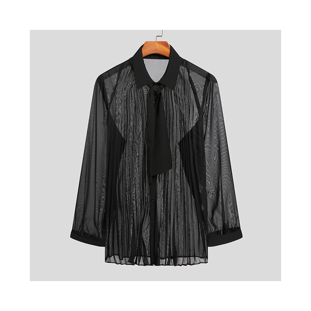 Men Shirt Mesh See Through Streetwear Lapel Long Sleeve Sexy Solid Camisas Folds Party Men Clothing WIth Tie S-5XL