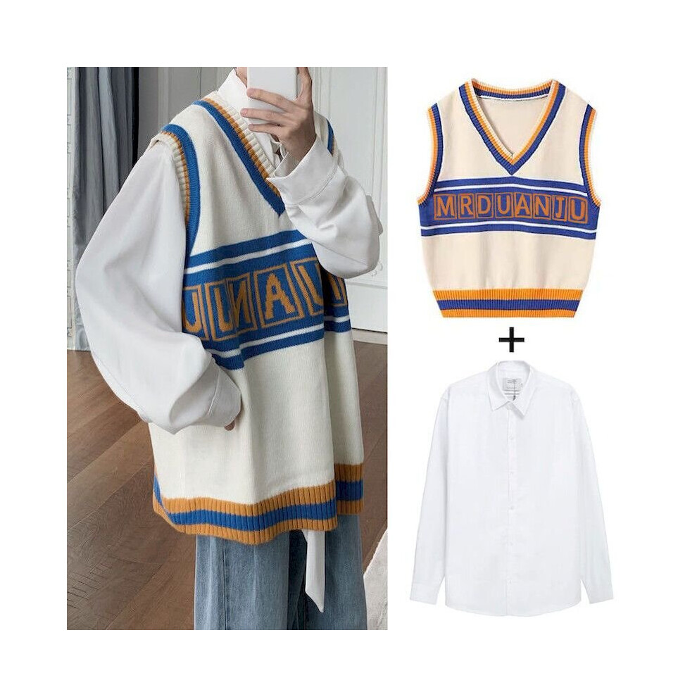 Autumn V-neck Sleeveless Embroidered Knitted Sweater Vest Men Loose Outer Vest Long Sleeve Shirts Two Piece Sets-image-OPC-PBQWSR7-NEW