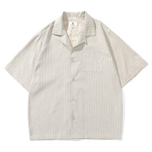 Men's Summer Lapel Workwear Short Sleeve Loose Embroidered Striped Shirt Top