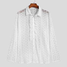 Party Nightclub Men's Ruffled Hollow Lace Blouse Stylish Male See-through Lapel Long-sleeved Thin Shirts S-5XL Tops