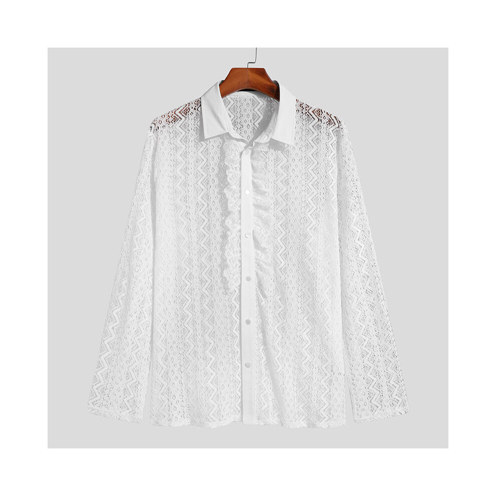 Party Nightclub Men's Ruffled Hollow Lace Blouse Stylish Male See-through Lapel Long-sleeved Thin Shirts S-5XL Tops