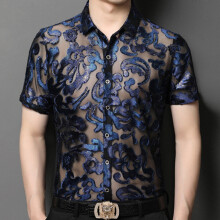 Luxe Gradient Transparent Shirt Summer Short Sleeve Shirt Flowers Shirt See Through Sexy Shirt Men Chemise Homme