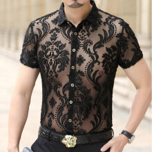 High Transparent Floral Shirt Soft Velvet Slim-fit Men's Clothing Nightclub Short-sleeved Sexy Shirt See Through Green