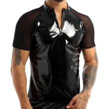 Mens Sexy Patent Leather Short-sleeved Shirt Erotic Shaping Sheath Tank Shirt Latex Elastic Mesh Short Sleeve PVC Tops Sexi