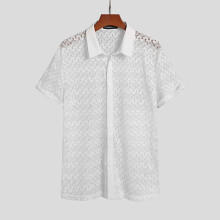 Men Mesh Shirt Lace Lapel Short Sleeve Streetwear See Through Casual Tops Sexy Party Nightclub Shirts Camisas 5XL