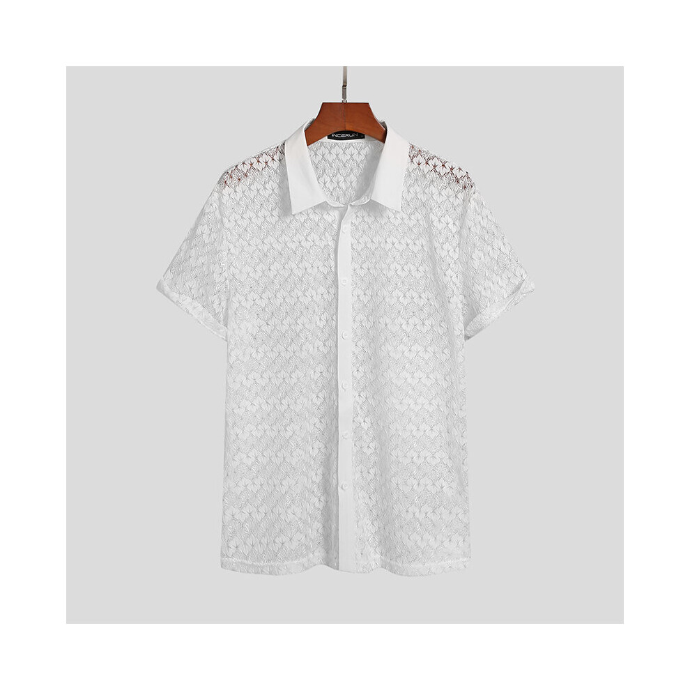 Men Mesh Shirt Lace Lapel Short Sleeve Streetwear See Through Casual Tops Sexy Party Nightclub Shirts Camisas 5XL
