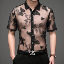 Butterfly Embroidery Print Sexy Transparent Shirt Men Shirt Club Shirt Chemise Homme See Through Short Sleeve Shirt Men