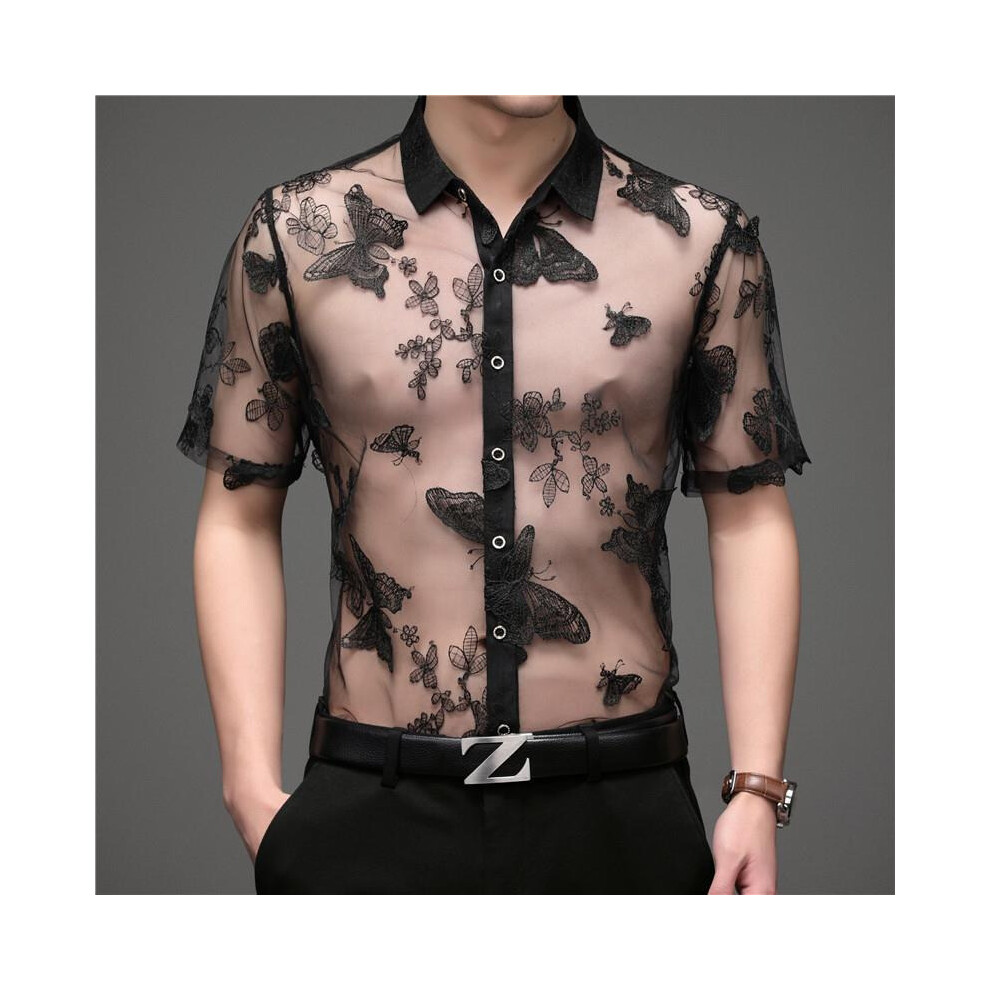 Black Butterfly Embroidery Print Sexy Transparent Shirt Men Shirt Club Shirt Chemise Homme See Through Short Sleeve Shirt Men