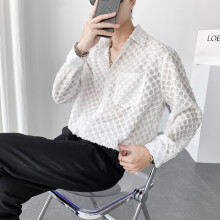 Mens Sexy Checked See Through Lace Shirt Casual Loose Fit Transparent Mens Dress Shirts Party Club Event Top Blouse Camisa