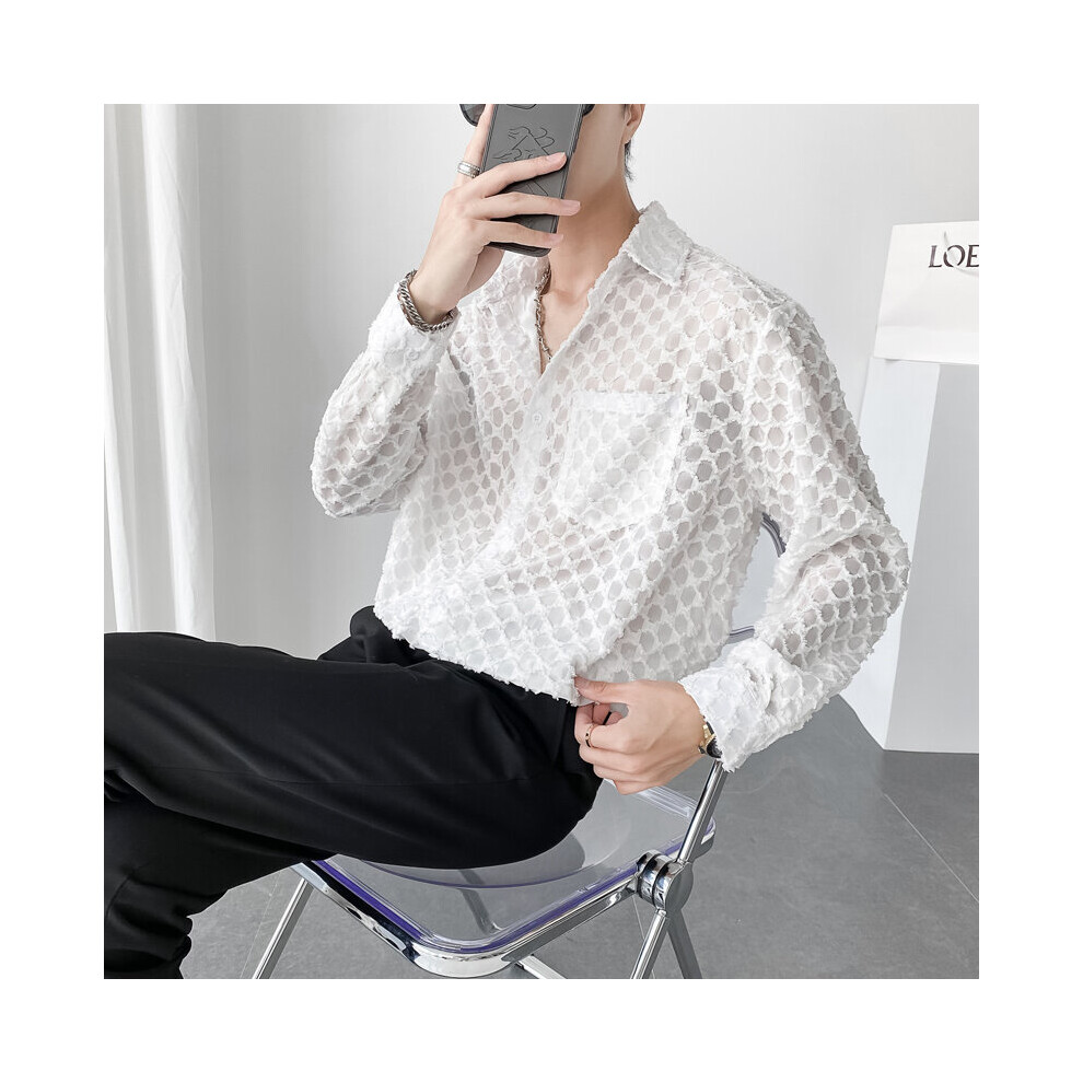 Mens Sexy Checked See Through Lace Shirt Casual Loose Fit Transparent Mens Dress Shirts Party Club Event Top Blouse Camisa
