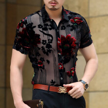DJ Prom Shirt Short Sleeve Chemise Homme Transparent Flower Velvet Shirt Men See Through Lace Shirt Men Club Party