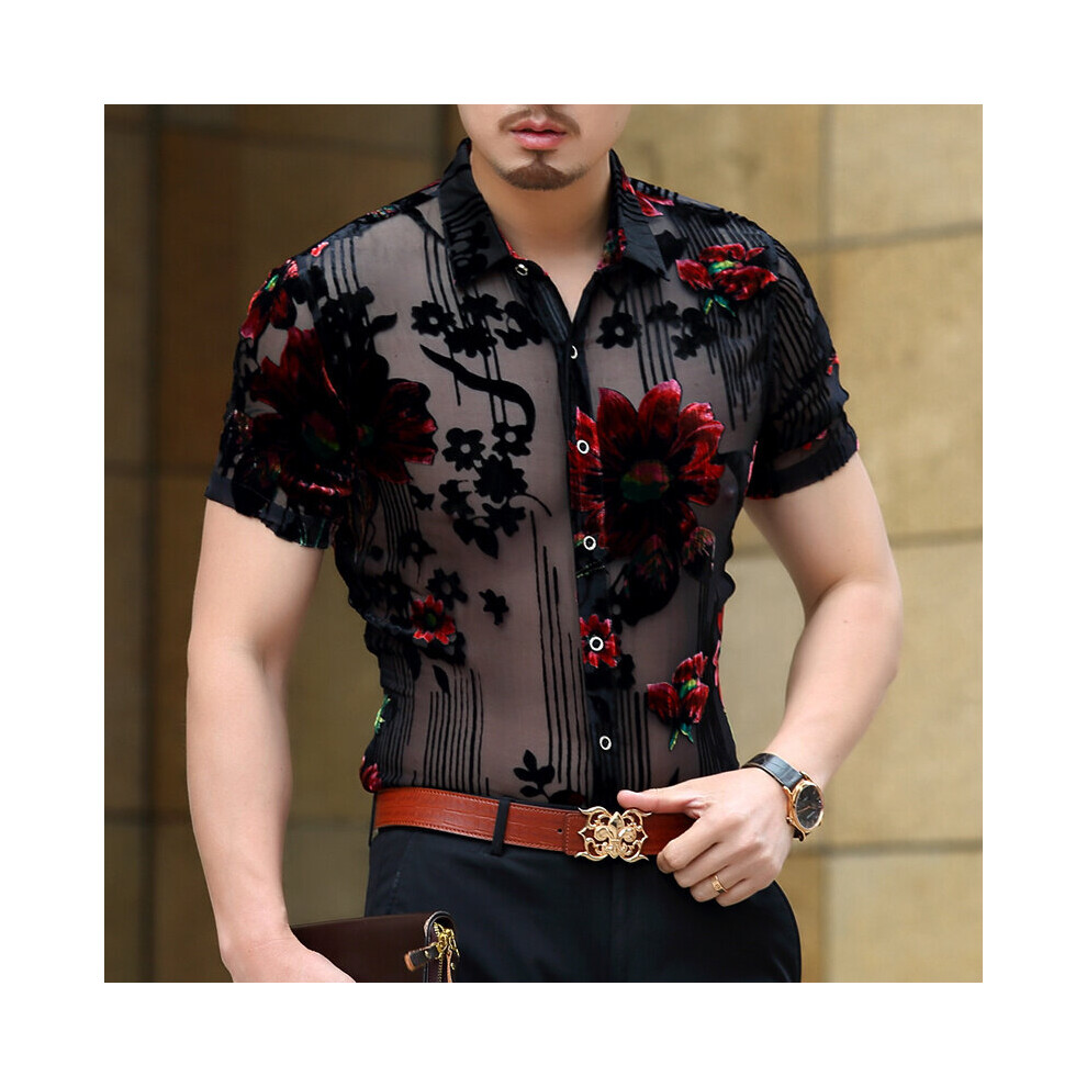 Multicoloured Dj Prom Shirt Short Sleeve Chemise Homme Transparent Flower Velvet Shirt Men See Through Lace Shirt Men Club Party