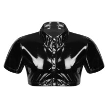 Thoshine Men Patent Leather Shirts Half Length Short Sleeve Sexy PVC Faux Leather T-Shirts Shaping Glossy Tops