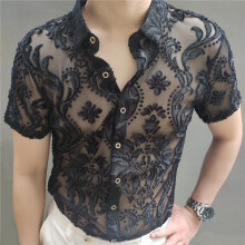 Green High Transparent Floral Shirt Soft Velvet Slim-fit Men's Clothing Nightclub Short-sleeved Sexy Shirt See Through
