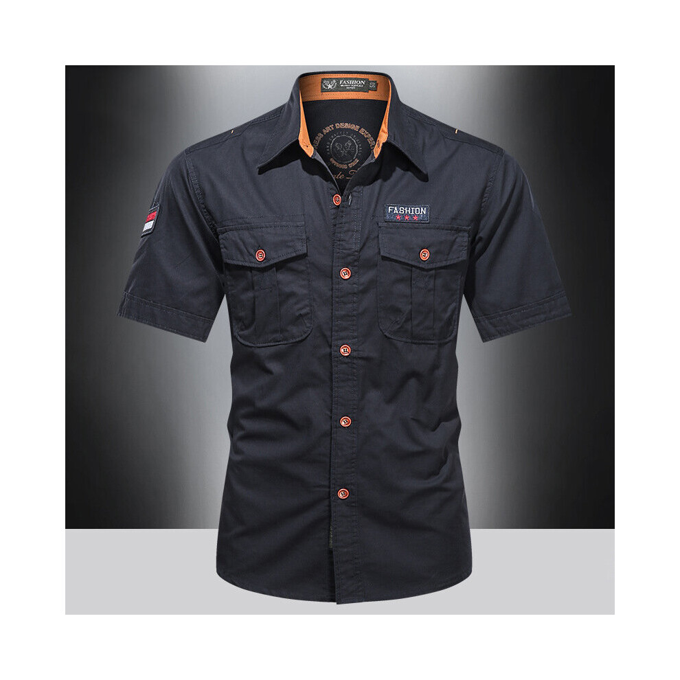 Men's Casual Shirts Summer Short Sleeve Pure Cotton Shirt Male Solid Oversize Military Cargo Shirts Outdoor Hiking Camping-image-OPC-PBQWWZR-NEW