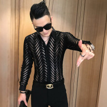 Sexy Lace Hollow Men Shirt Casual Slim Fit Long Sleeve Shirts Men Dress Night Club Party Social Clothing Chemise Homme