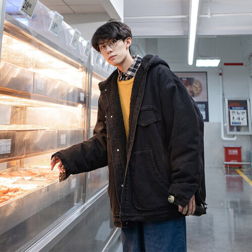 Men Winter Fleece Hooded Jean Jackets Cowboy Outerwear Thick Warm