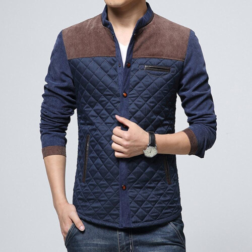 Men Winter Long Sleeve Stand Collar Block Buttons up Corduroy Slim ...