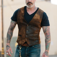 Vintage Leather Single-breasted Men Casual Vests Jacket Autumn V-Neck Sleeveless Chaleco Hombre Streetwear