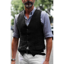 Men's Vests Cotton Linen V Neck Boutique Retro Casual Thin Vests Jacket V Neck Groosmen Groom Wear Clothing Men Suitwear