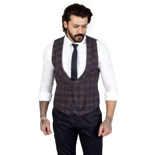 DeepSEA Plaid Pattern Mealy Double Breasted Cepken Vest 2200004