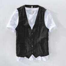 Men?s Vest Linen Cotton Blended V Neck Striped Retro Cardigan Collarless Vest For Daily Casual Male Waistcoat Clothing