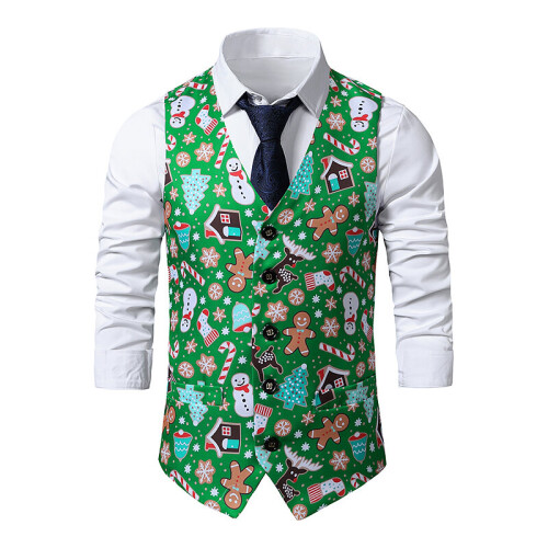 Green Christmas Vest Waistcoat Men Gingerbread Man Snowflake Print ...