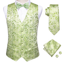 Silk Men's Vest Neck Tie Bowtie Hanky Cufflinks Set Jacqurd Floral Paisley Waistcoat Jacket For Men Green Red