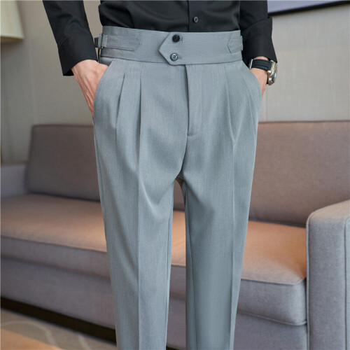 British Style Autumn High Waist Trousers Men Belt Slim Fit Suit Pants  Office Social Wedding Party Formal Pants Hommes on OnBuy
